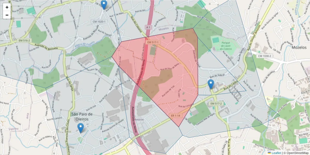 Mapa detalhado do código postal 4535-170 com limites, códigos postais vizinhos e agências dos correios