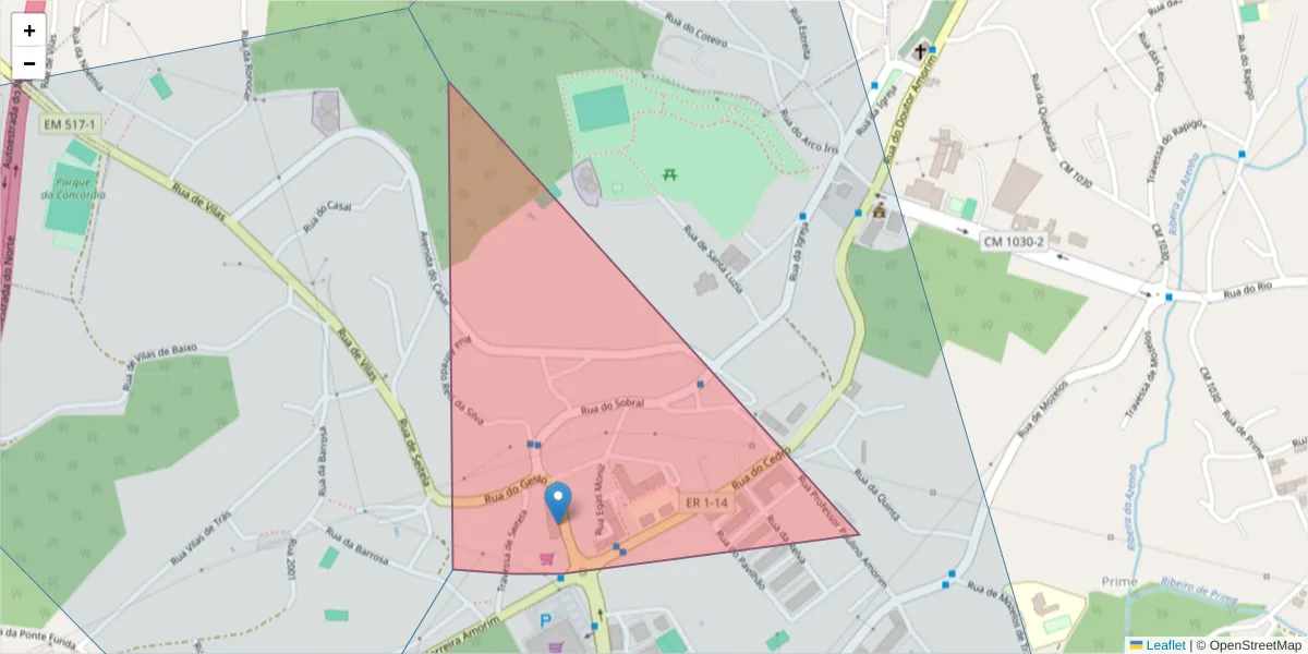 Mapa detalhado do código postal 4535-201 com limites, códigos postais vizinhos e agências dos correios
