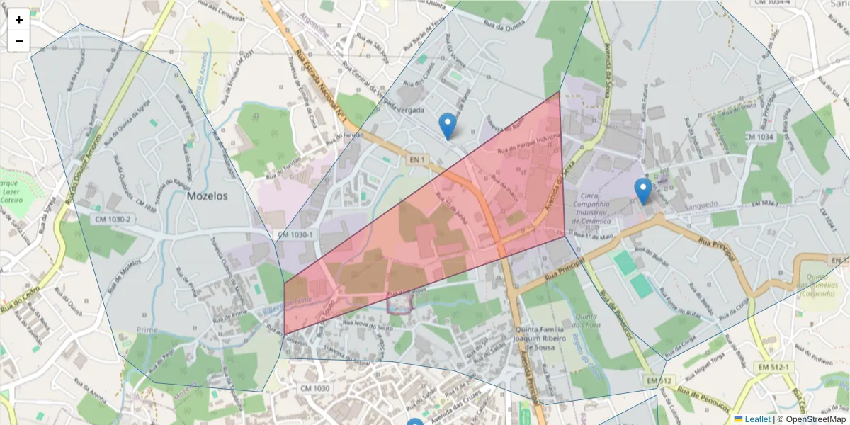 Mapa detalhado do código postal 4535-21 com limites, códigos postais vizinhos e agências dos correios