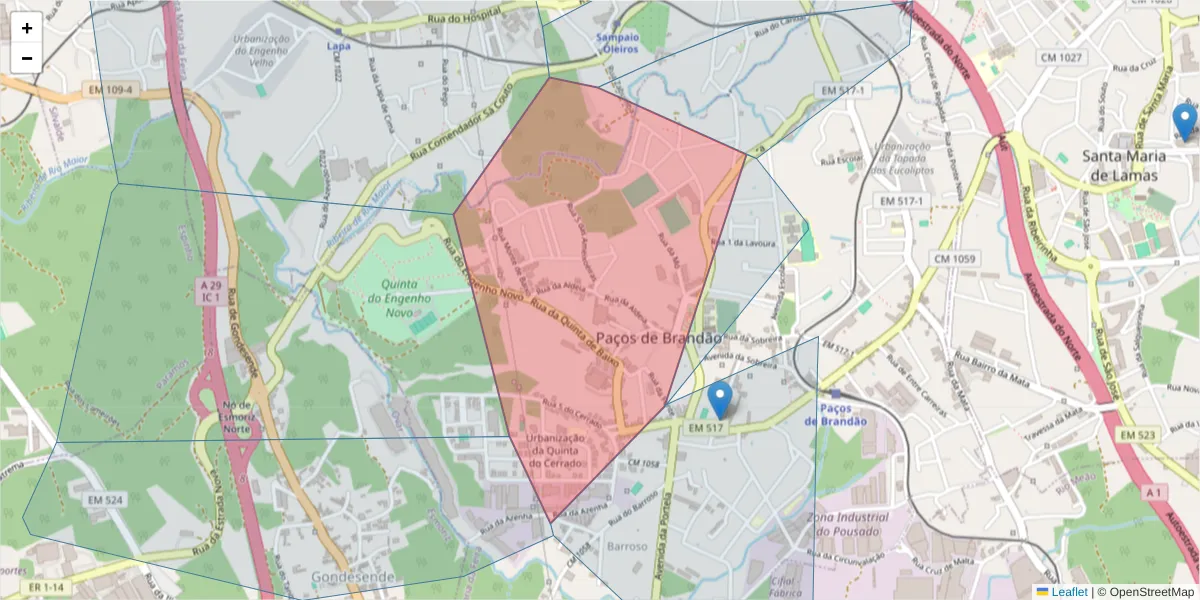 Mapa detalhado do código postal 4535-277 com limites, códigos postais vizinhos e agências dos correios