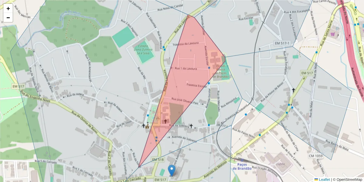 Mapa detalhado do código postal 4535-288 com limites, códigos postais vizinhos e agências dos correios