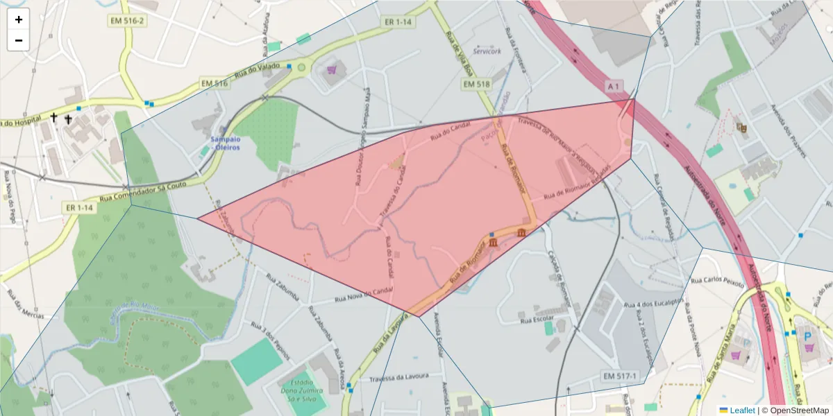 Mapa detalhado do código postal 4535-301 com limites, códigos postais vizinhos e agências dos correios