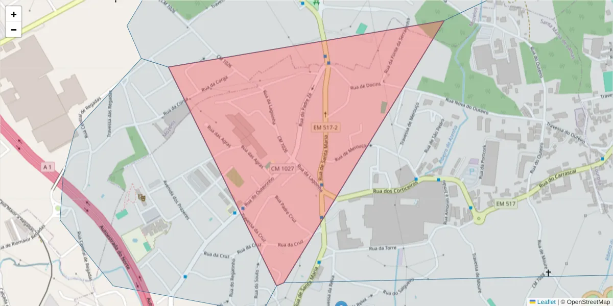 Mapa detalhado do código postal 4535-360 com limites, códigos postais vizinhos e agências dos correios