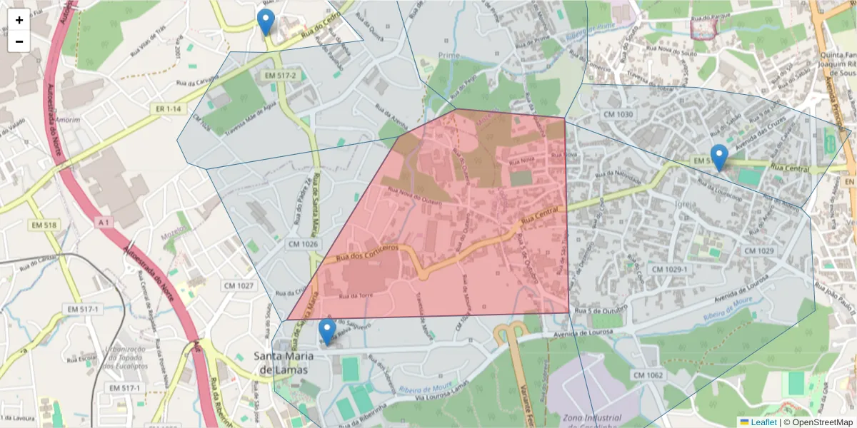 Mapa detalhado do código postal 4535-387 com limites, códigos postais vizinhos e agências dos correios