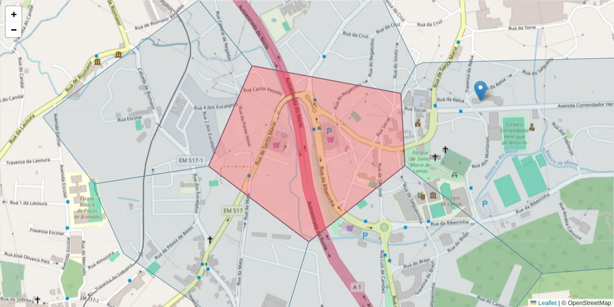 Mapa detalhado do código postal 4535-401 com limites, códigos postais vizinhos e agências dos correios