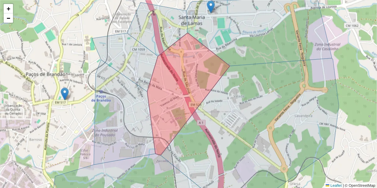 Mapa detalhado do código postal 4535-404 com limites, códigos postais vizinhos e agências dos correios