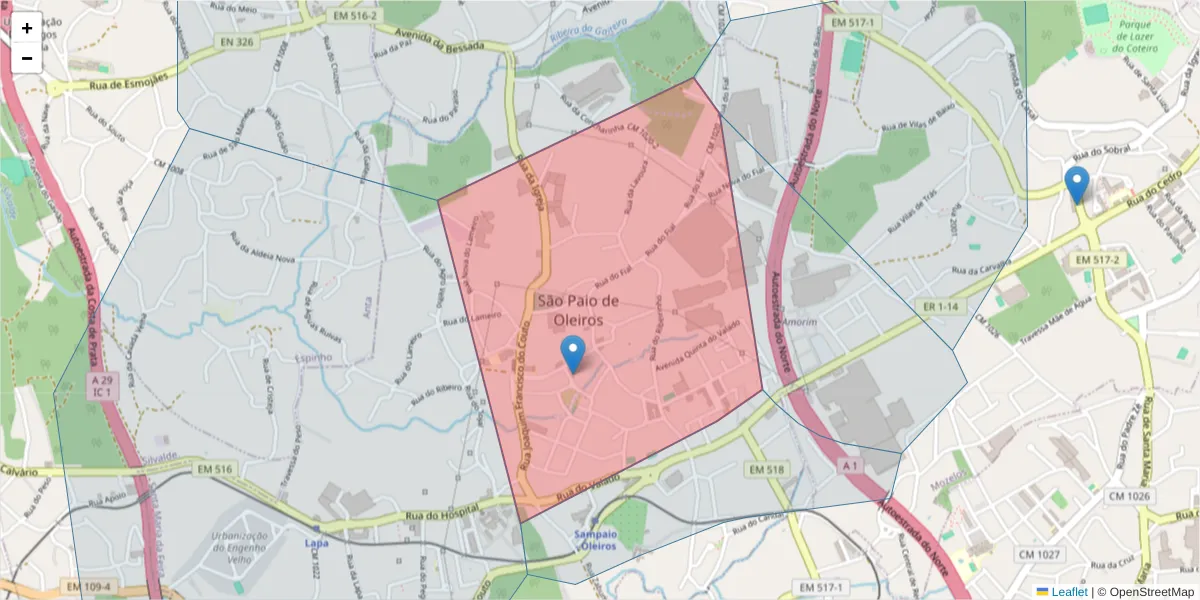 Mapa detalhado do código postal 4535-544 com limites, códigos postais vizinhos e agências dos correios