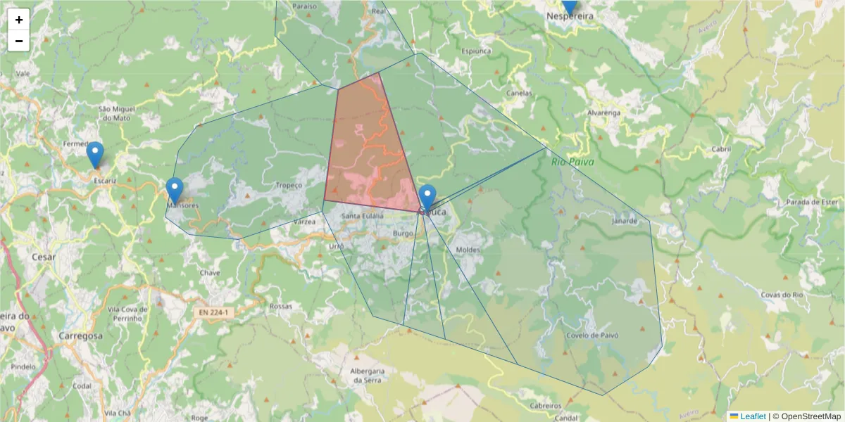 Mapa detalhado do código postal 4540-102 com limites, códigos postais vizinhos e agências dos correios