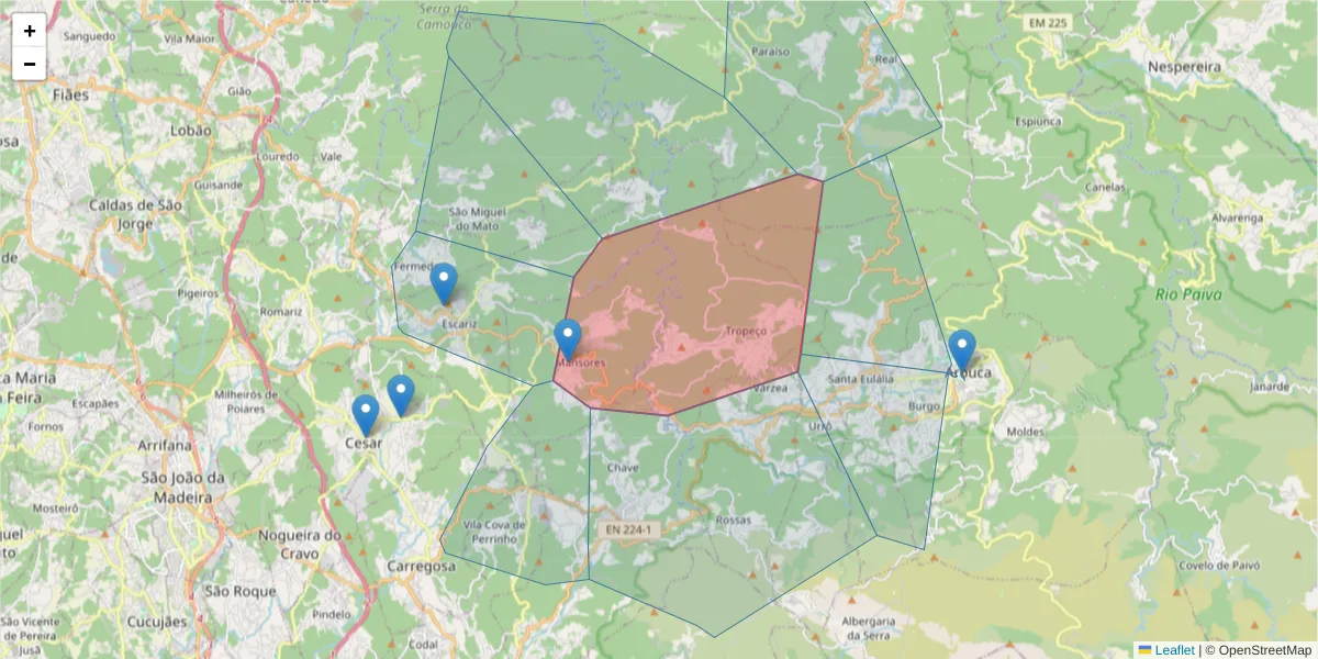 Mapa detalhado do código postal 4540-606 com limites, códigos postais vizinhos e agências dos correios