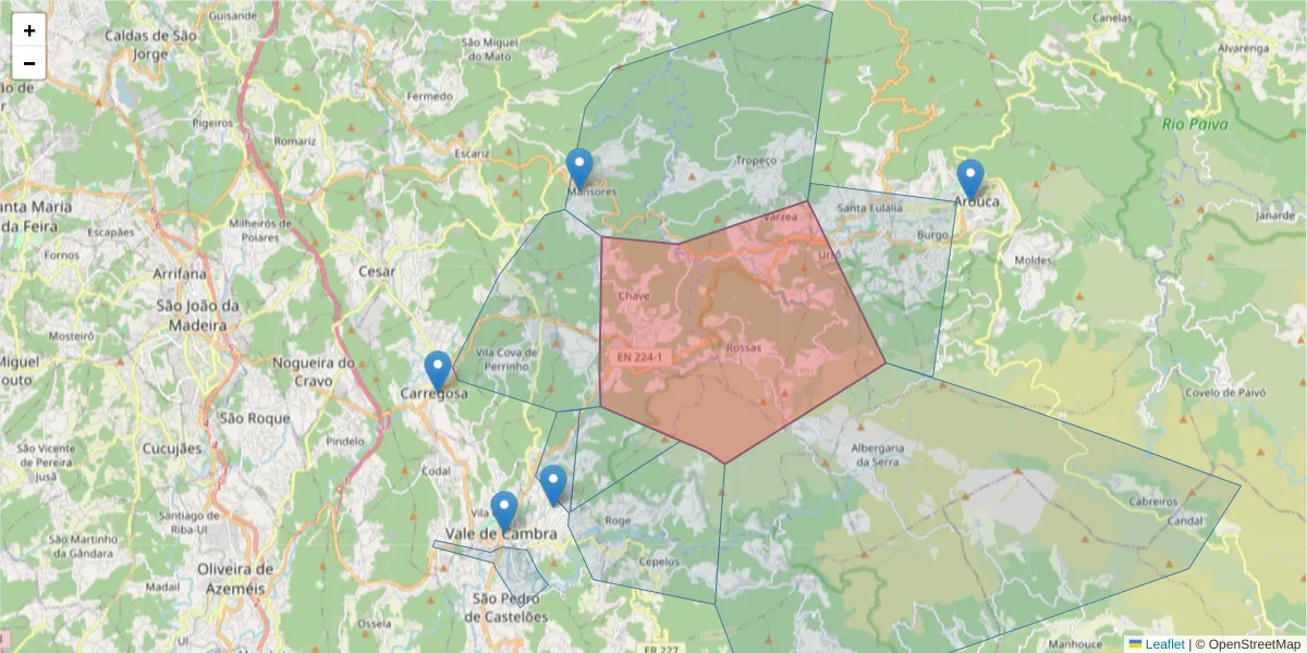 Mapa detalhado do código postal 4540 com limites, códigos postais vizinhos e agências dos correios