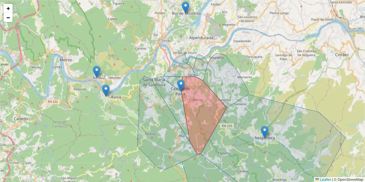 Mapa detalhado do código postal 4550-100 com limites, códigos postais vizinhos e agências dos correios