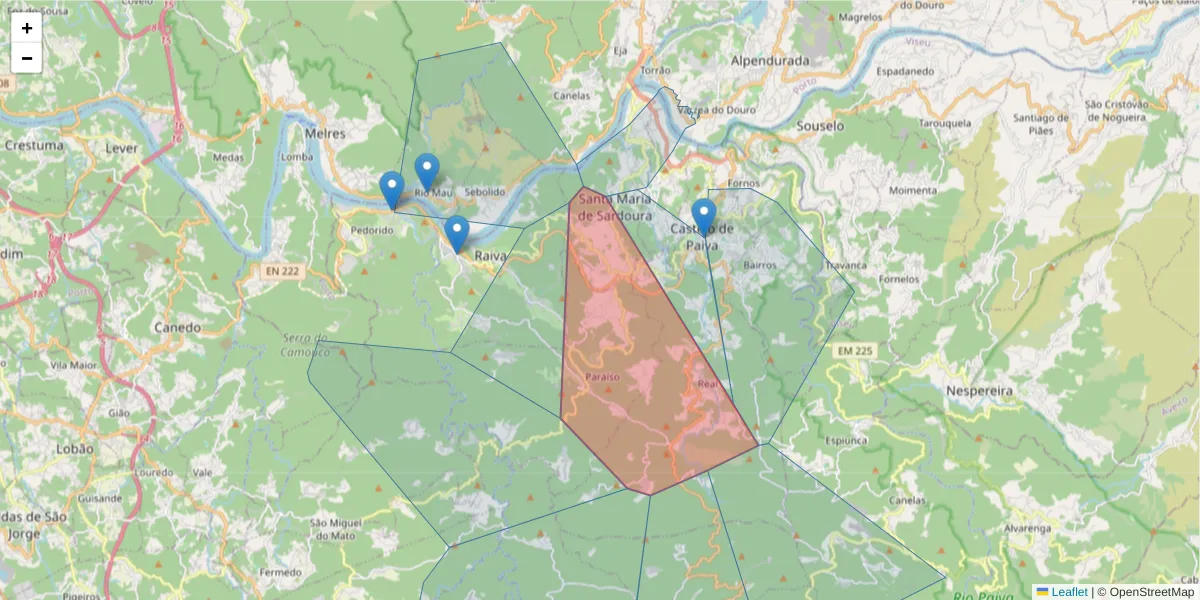 Mapa detalhado do código postal 4550-467 com limites, códigos postais vizinhos e agências dos correios
