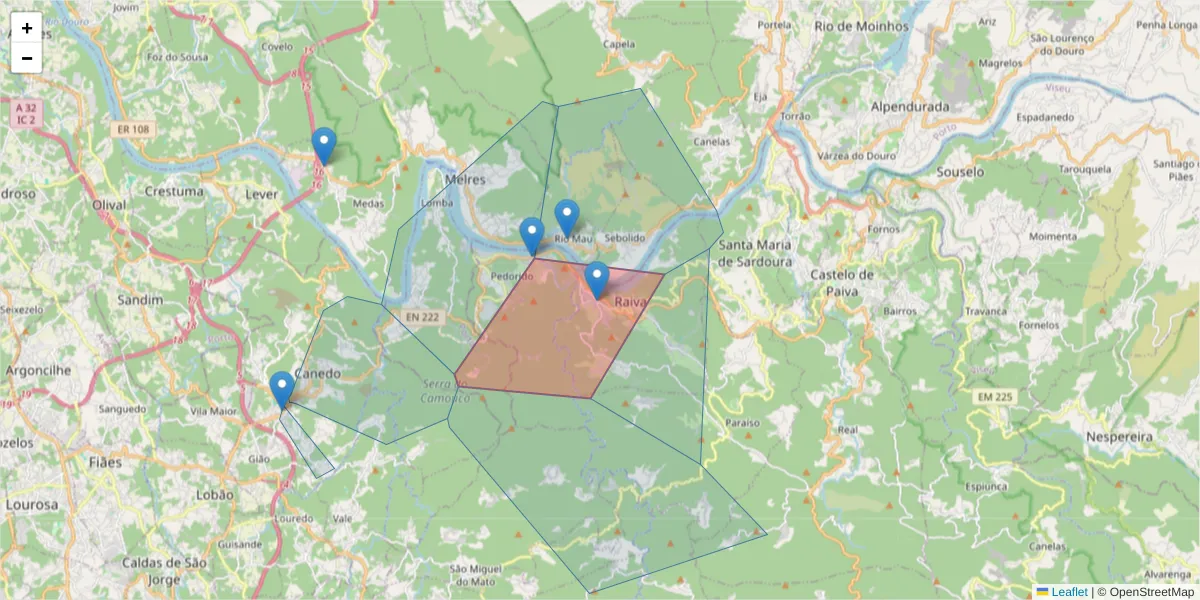 Mapa detalhado do código postal 4550-592 com limites, códigos postais vizinhos e agências dos correios