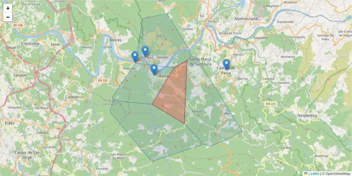 Mapa detalhado do código postal 4550-623 com limites, códigos postais vizinhos e agências dos correios