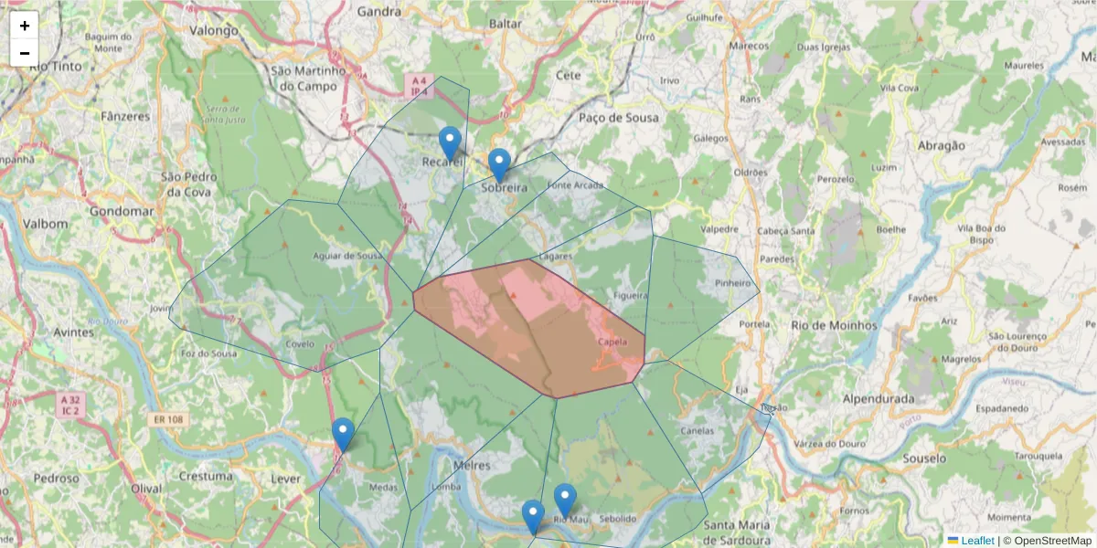 Mapa detalhado do código postal 4560-188 com limites, códigos postais vizinhos e agências dos correios