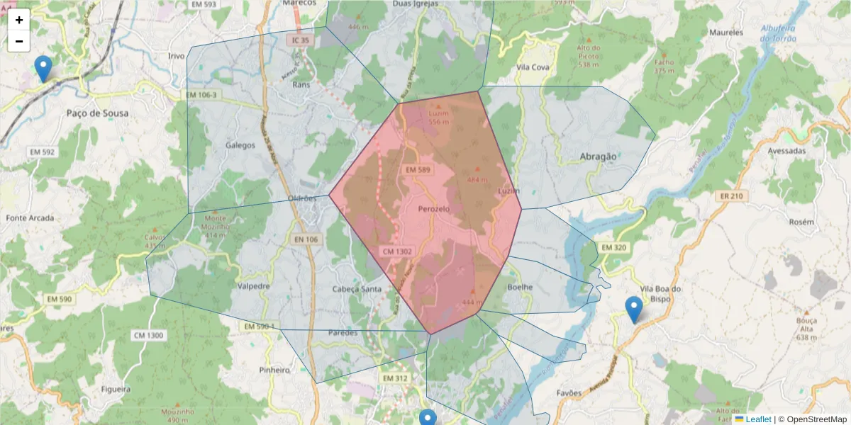 Mapa detalhado do código postal 4560-750 com limites, códigos postais vizinhos e agências dos correios