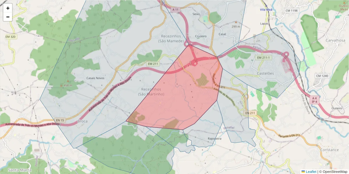 Mapa detalhado do código postal 4560-807 com limites, códigos postais vizinhos e agências dos correios