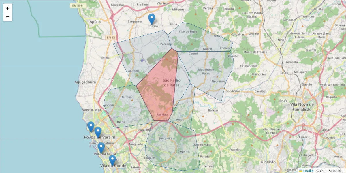 Mapa detalhado do código postal 4570-414 com limites, códigos postais vizinhos e agências dos correios