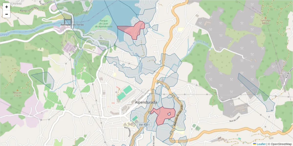 Mapa detalhado do código postal 4575-021 com limites, códigos postais vizinhos e agências dos correios