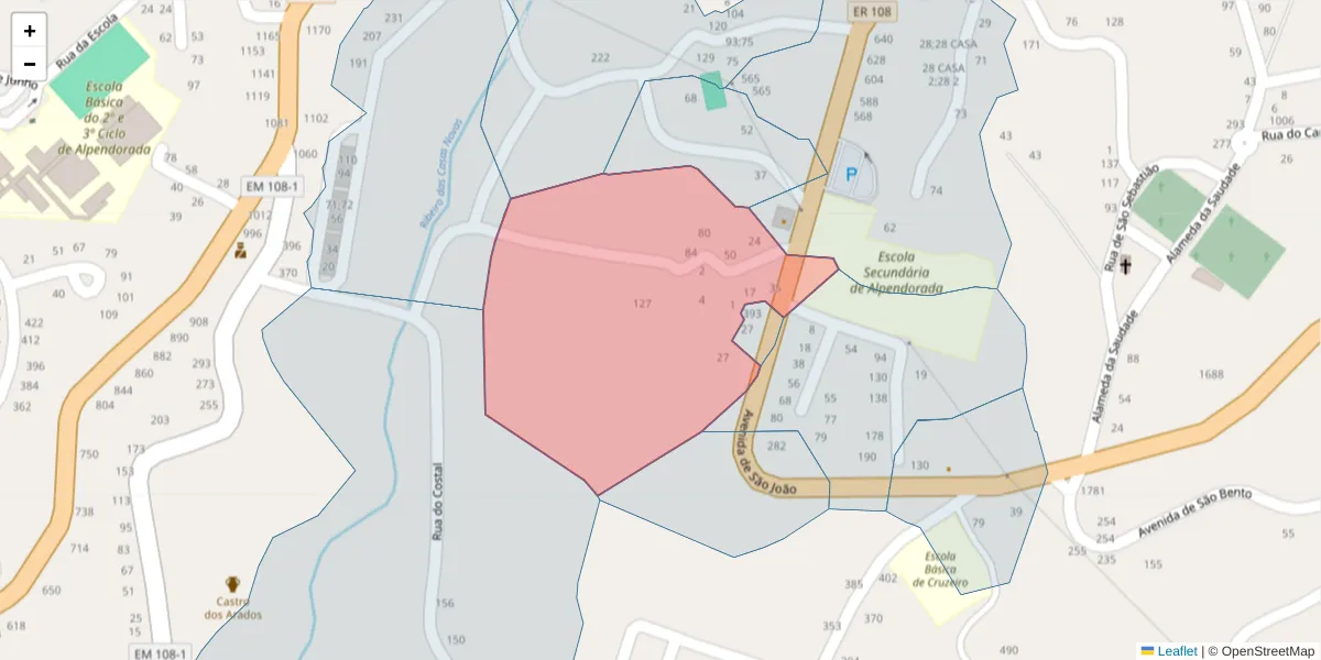 Mapa detalhado do código postal 4575-025 com limites, códigos postais vizinhos e agências dos correios