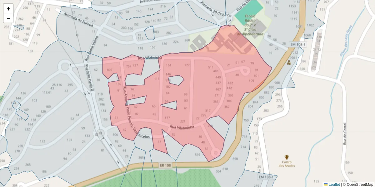 Mapa detalhado do código postal 4575-035 com limites, códigos postais vizinhos e agências dos correios