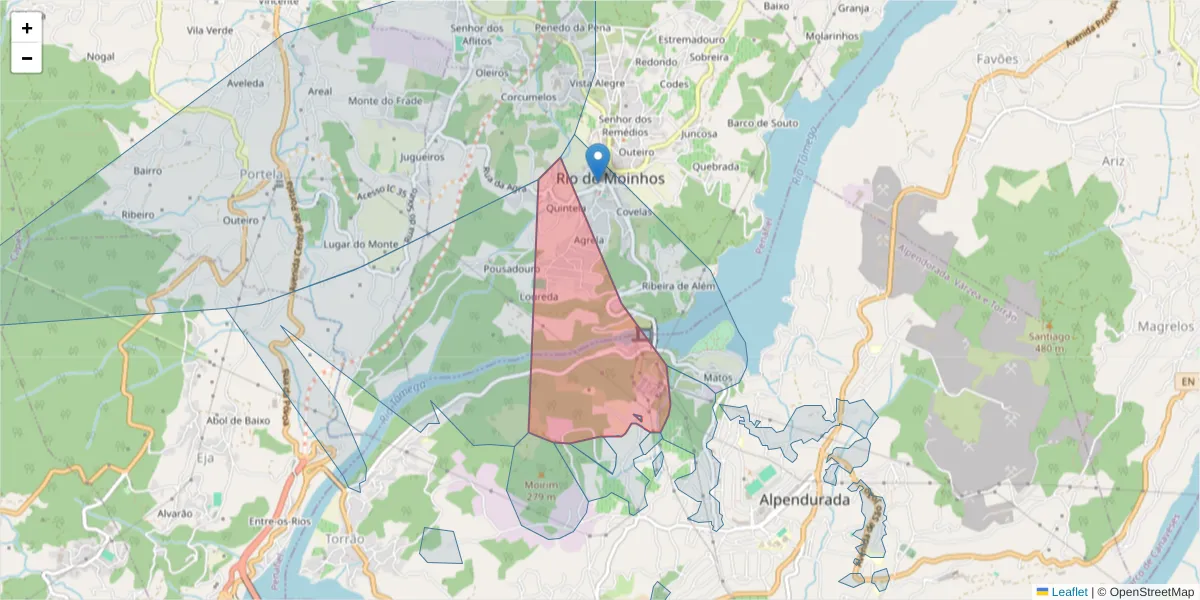 Mapa detalhado do código postal 4575-039 com limites, códigos postais vizinhos e agências dos correios