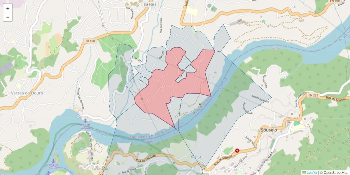 Mapa detalhado do código postal 4575-058 com limites, códigos postais vizinhos e agências dos correios