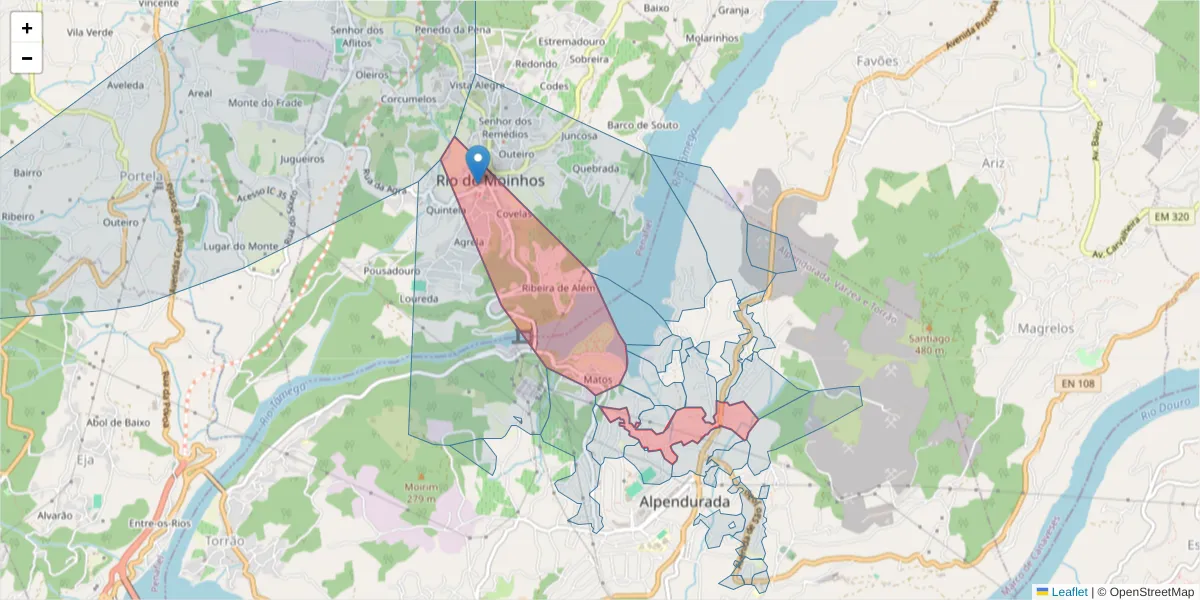 Mapa detalhado do código postal 4575-061 com limites, códigos postais vizinhos e agências dos correios