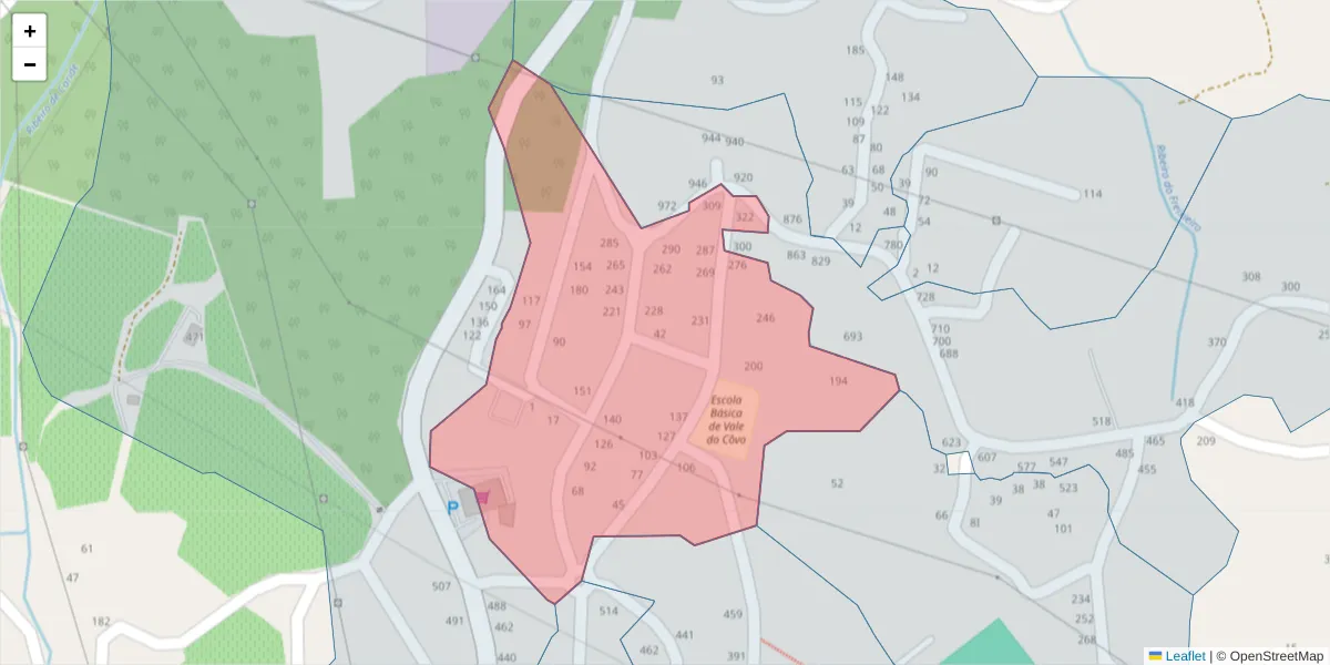 Mapa detalhado do código postal 4575-071 com limites, códigos postais vizinhos e agências dos correios