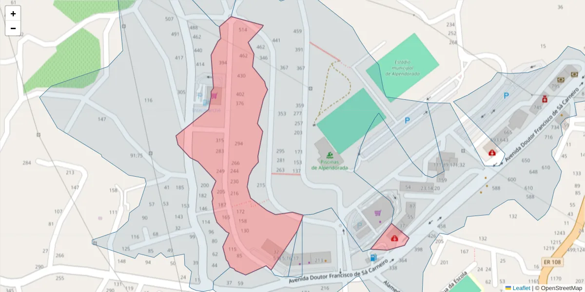 Mapa detalhado do código postal 4575-074 com limites, códigos postais vizinhos e agências dos correios