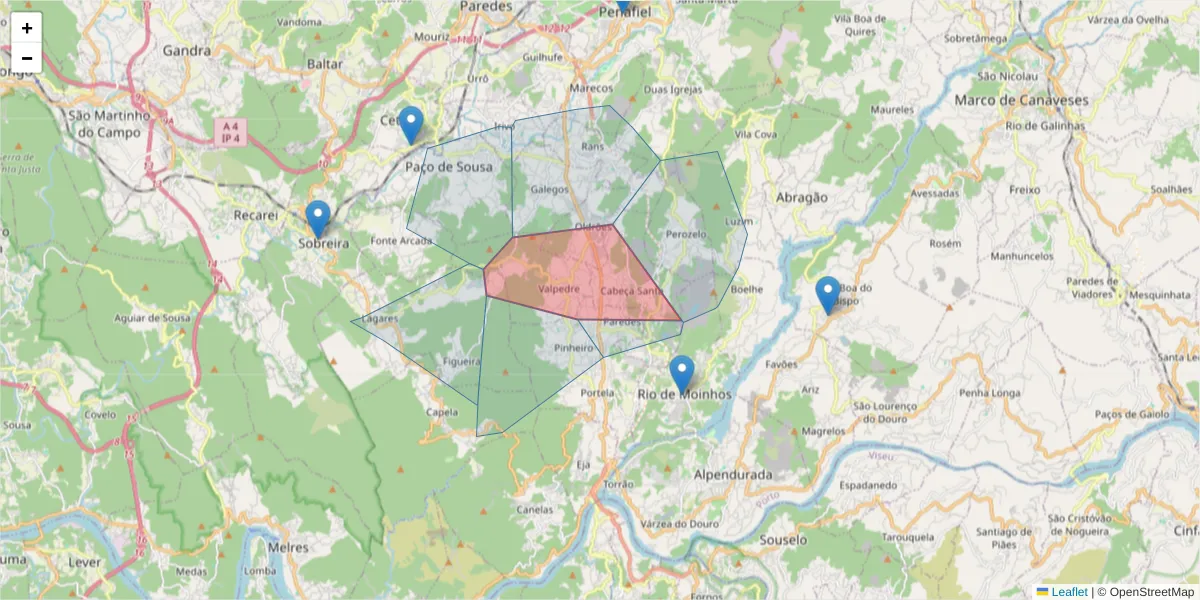 Mapa detalhado do código postal 4575-126 com limites, códigos postais vizinhos e agências dos correios