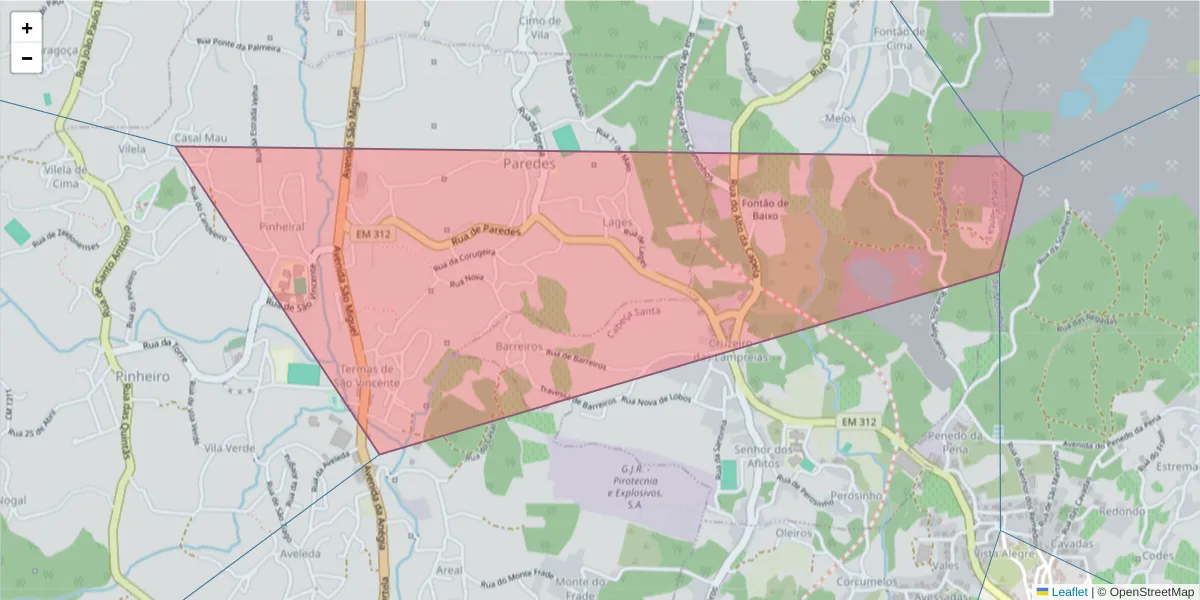 Mapa detalhado do código postal 4575-302 com limites, códigos postais vizinhos e agências dos correios