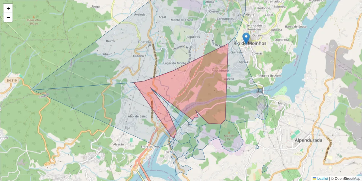 Mapa detalhado do código postal 4575-322 com limites, códigos postais vizinhos e agências dos correios