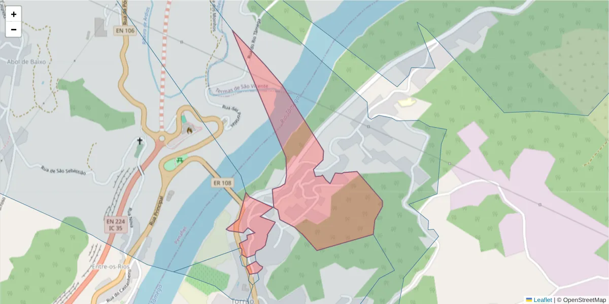 Mapa detalhado do código postal 4575-323 com limites, códigos postais vizinhos e agências dos correios