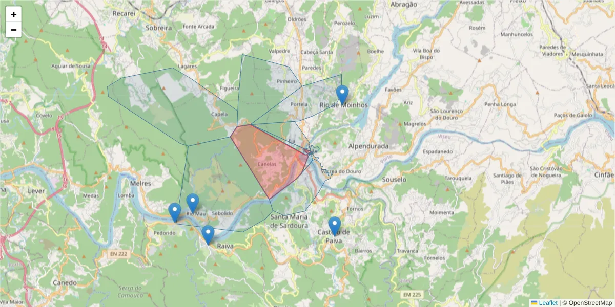 Mapa detalhado do código postal 4575-337 com limites, códigos postais vizinhos e agências dos correios
