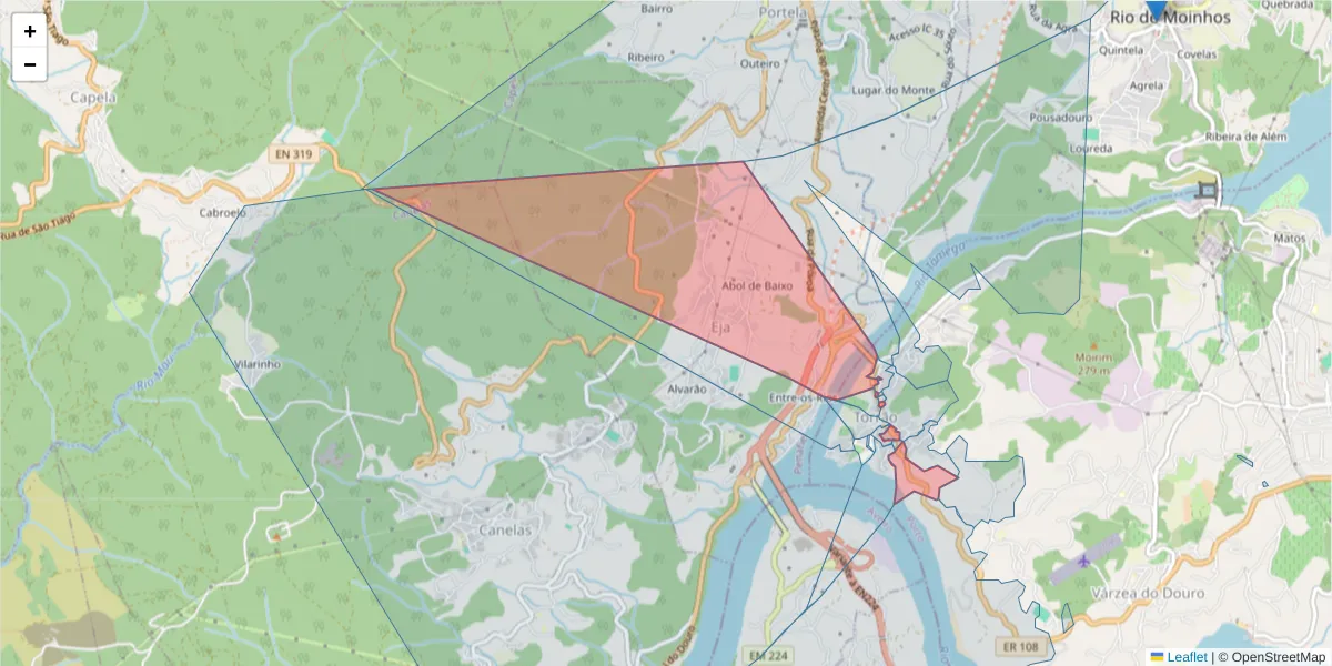 Mapa detalhado do código postal 4575-339 com limites, códigos postais vizinhos e agências dos correios