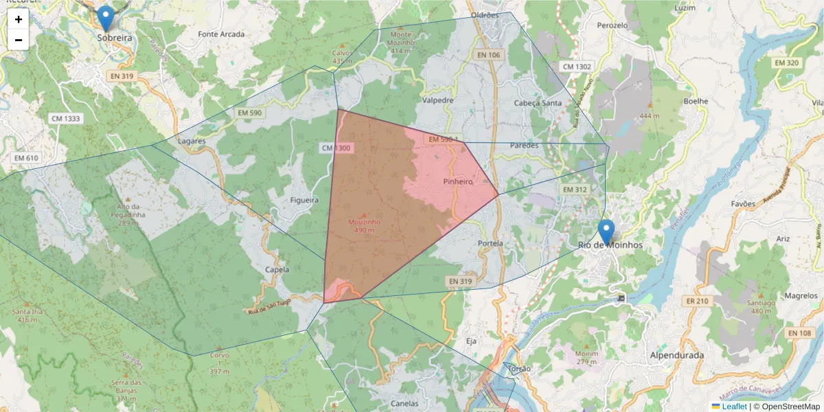 Mapa detalhado do código postal 4575-355 com limites, códigos postais vizinhos e agências dos correios