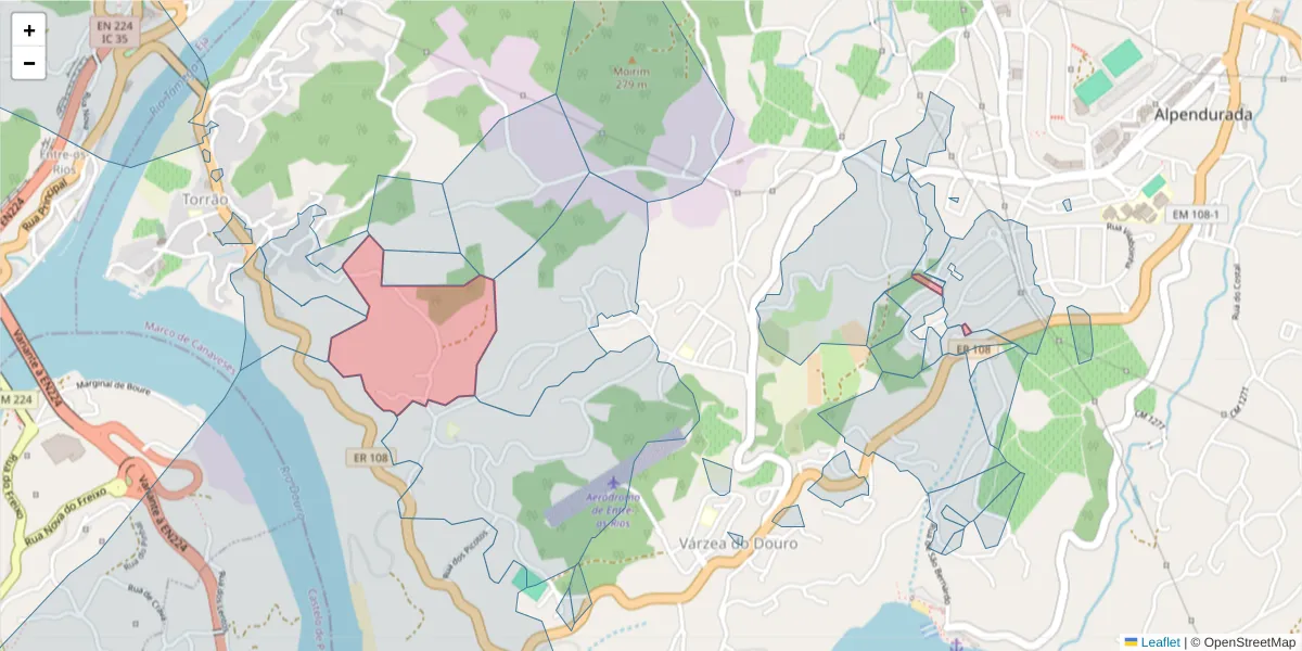 Mapa detalhado do código postal 4575-446 com limites, códigos postais vizinhos e agências dos correios