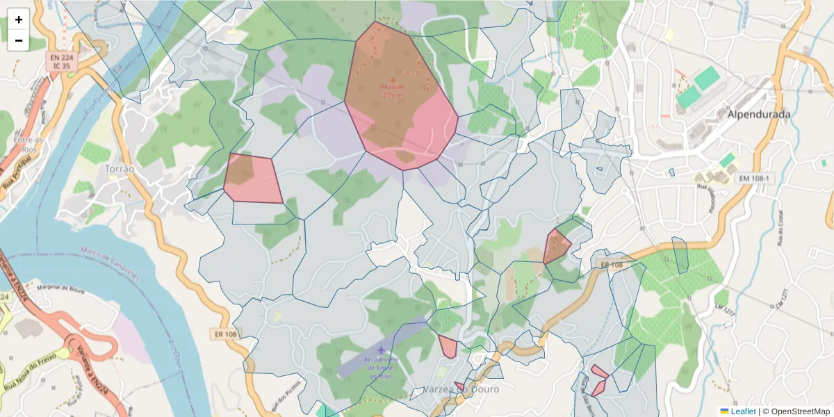 Mapa detalhado do código postal 4575-447 com limites, códigos postais vizinhos e agências dos correios