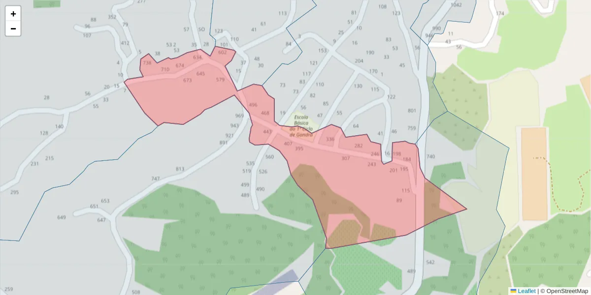 Mapa detalhado do código postal 4575-458 com limites, códigos postais vizinhos e agências dos correios