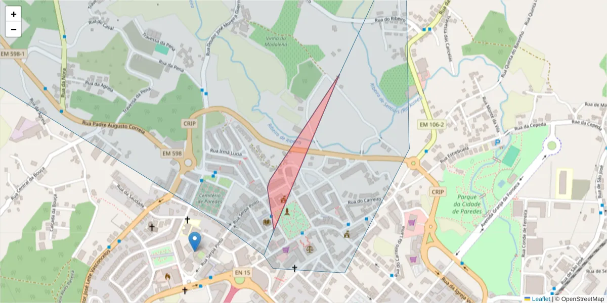 Mapa detalhado do código postal 4580-135 com limites, códigos postais vizinhos e agências dos correios