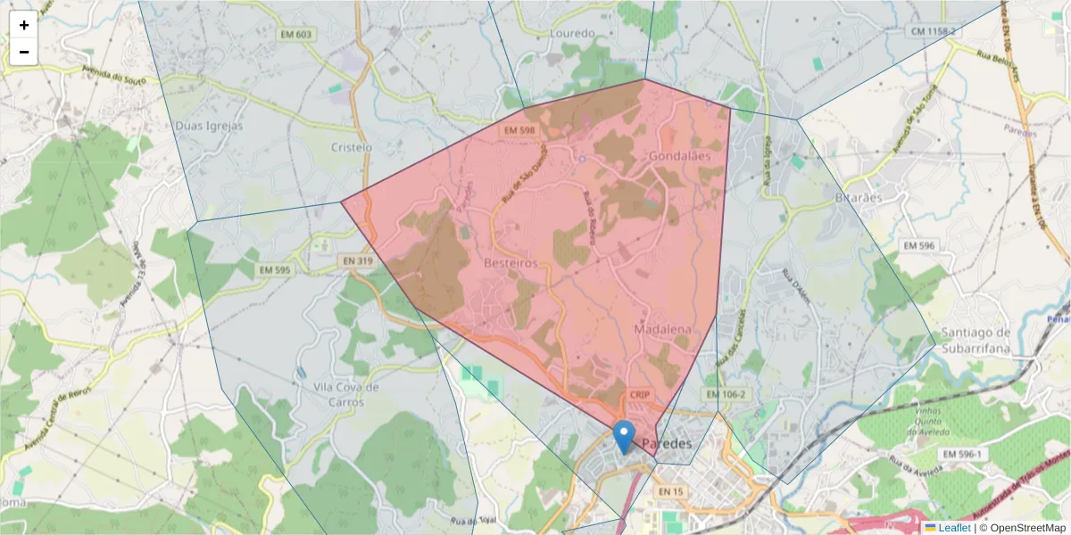 Mapa detalhado do código postal 4580-136 com limites, códigos postais vizinhos e agências dos correios