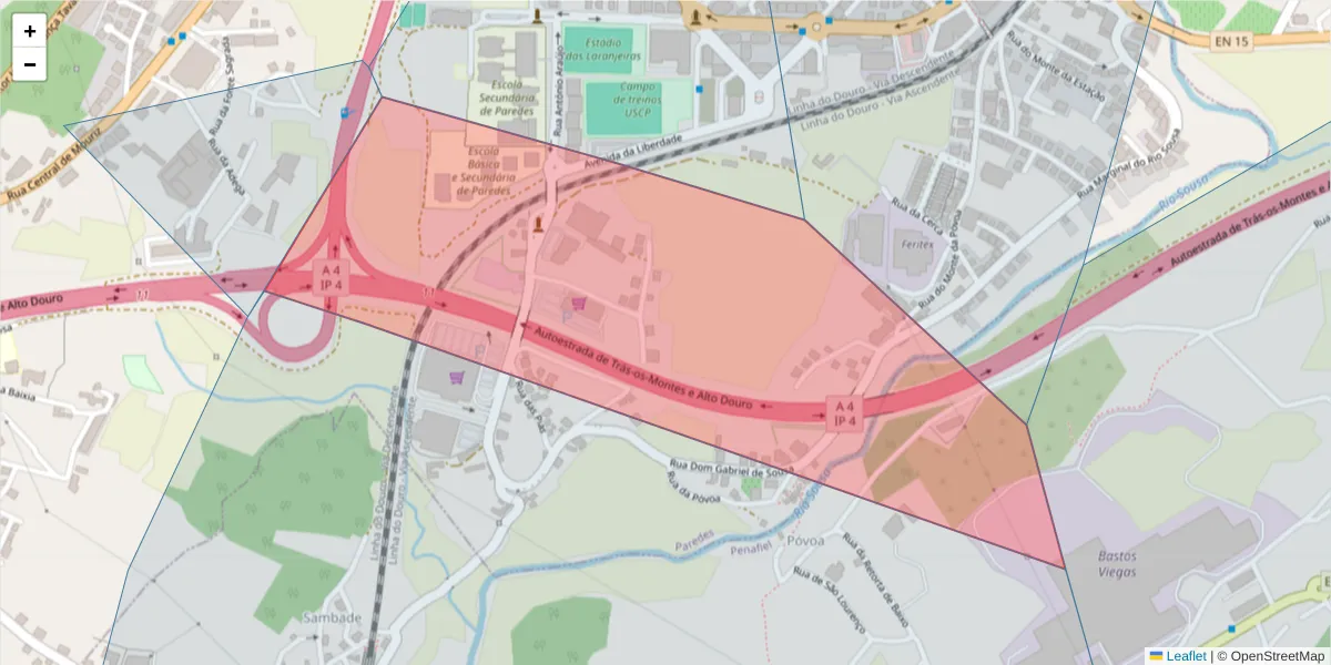 Mapa detalhado do código postal 4580-223 com limites, códigos postais vizinhos e agências dos correios