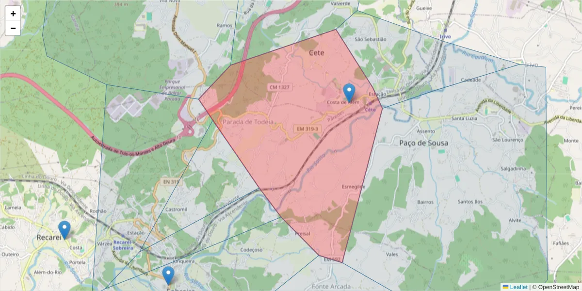 Mapa detalhado do código postal 4580-310 com limites, códigos postais vizinhos e agências dos correios