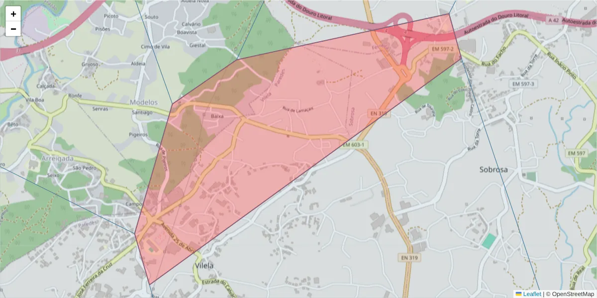 Mapa detalhado do código postal 4580-611 com limites, códigos postais vizinhos e agências dos correios