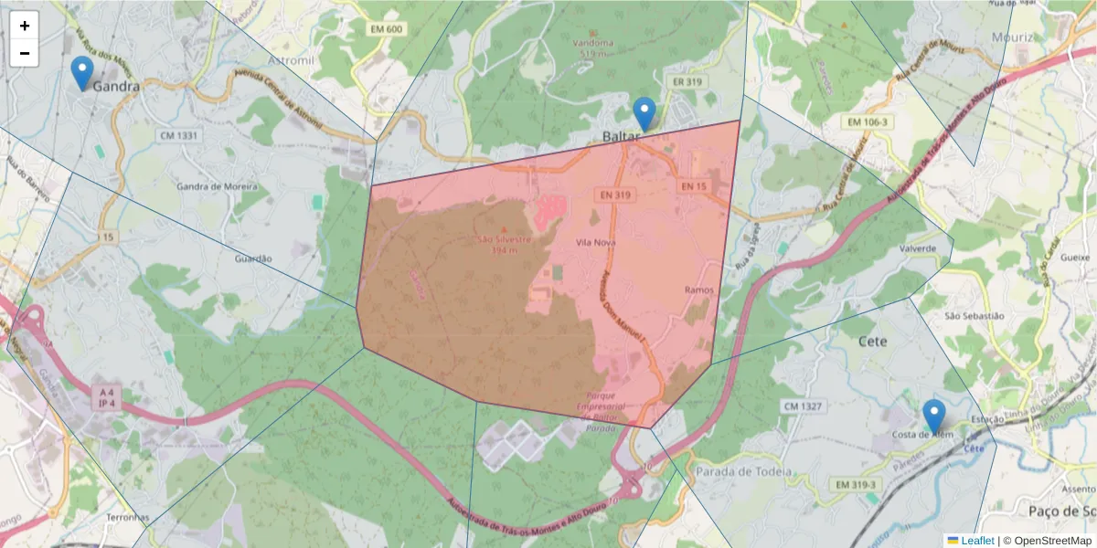 Mapa detalhado do código postal 4585-013 com limites, códigos postais vizinhos e agências dos correios