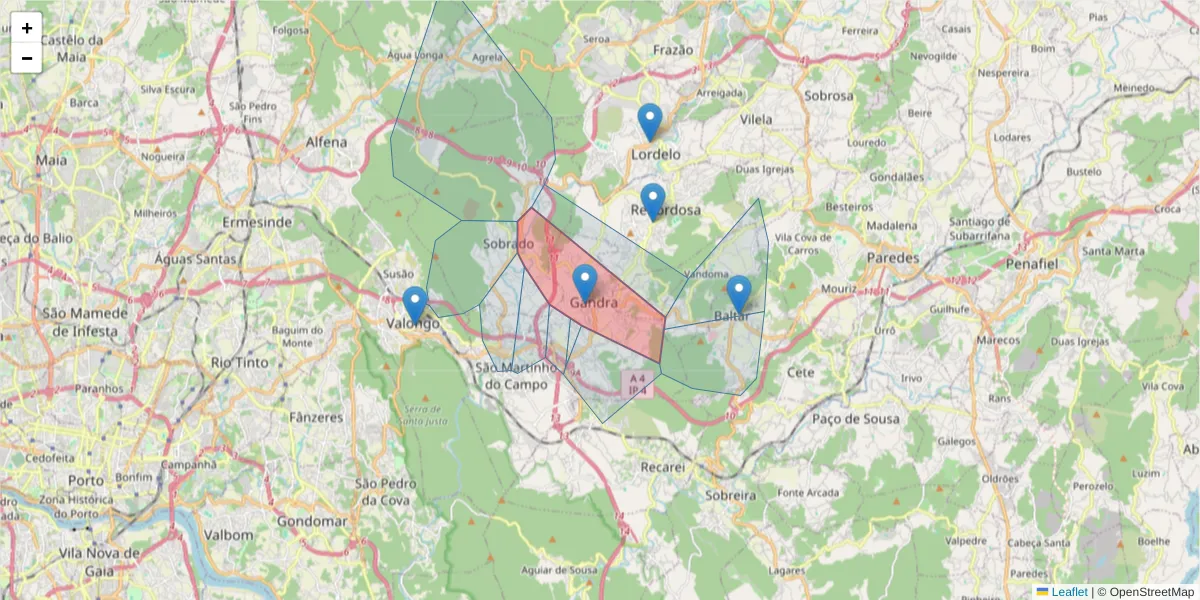 Mapa detalhado do código postal 4585-325 com limites, códigos postais vizinhos e agências dos correios