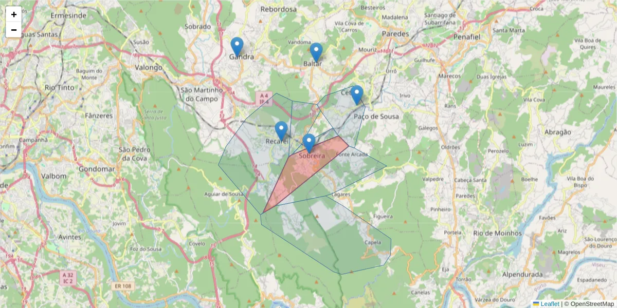 Mapa detalhado do código postal 4585-680 com limites, códigos postais vizinhos e agências dos correios
