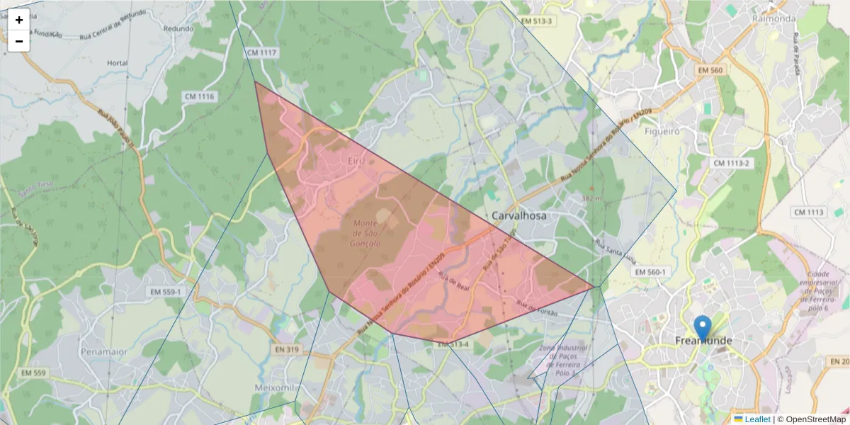 Mapa detalhado do código postal 4590-065 com limites, códigos postais vizinhos e agências dos correios