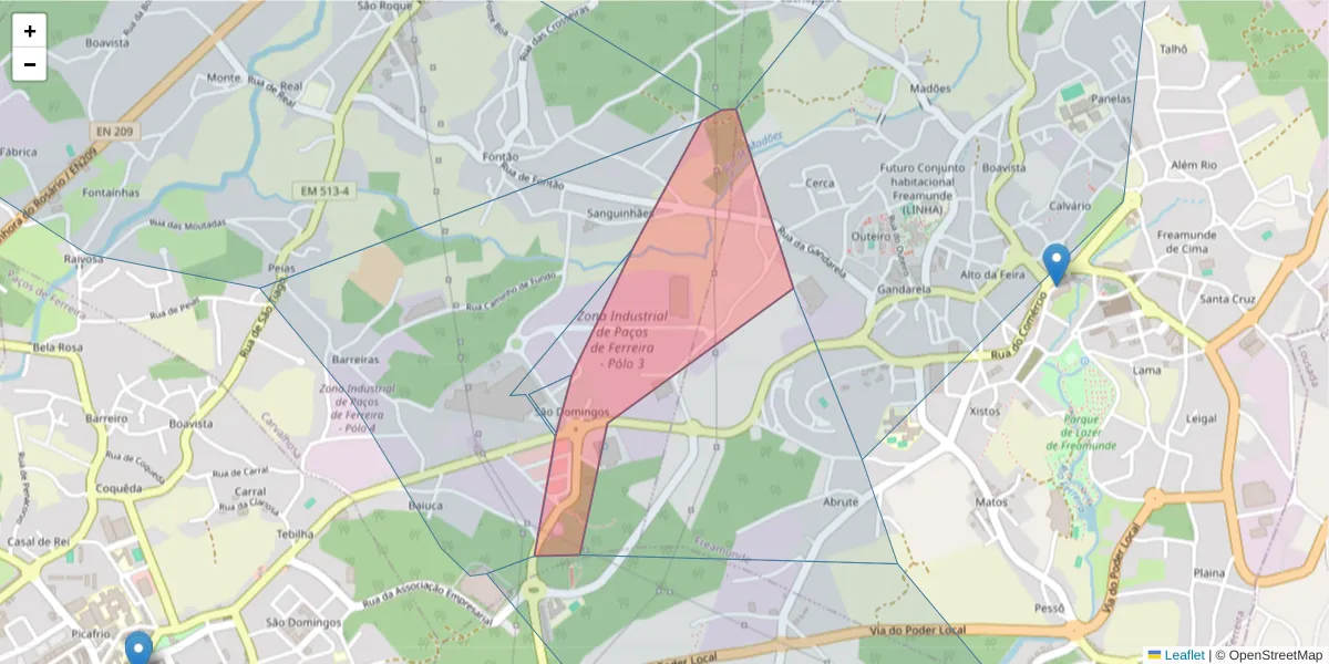 Mapa detalhado do código postal 4590-136 com limites, códigos postais vizinhos e agências dos correios